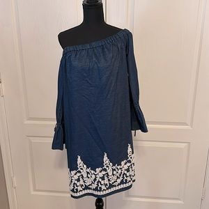 Demin Style Off the Shoulder Dress. Floral Design at the bottom.